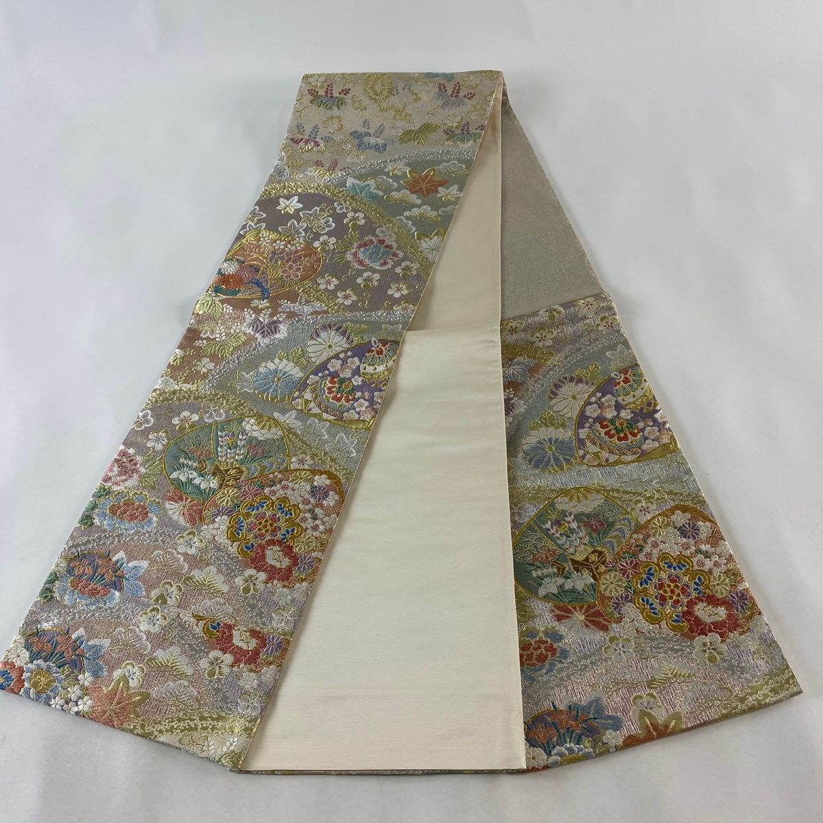 袋帯 美品 名品 貝 草花 金銀糸 箔 ピンク 六通 正絹 【中古