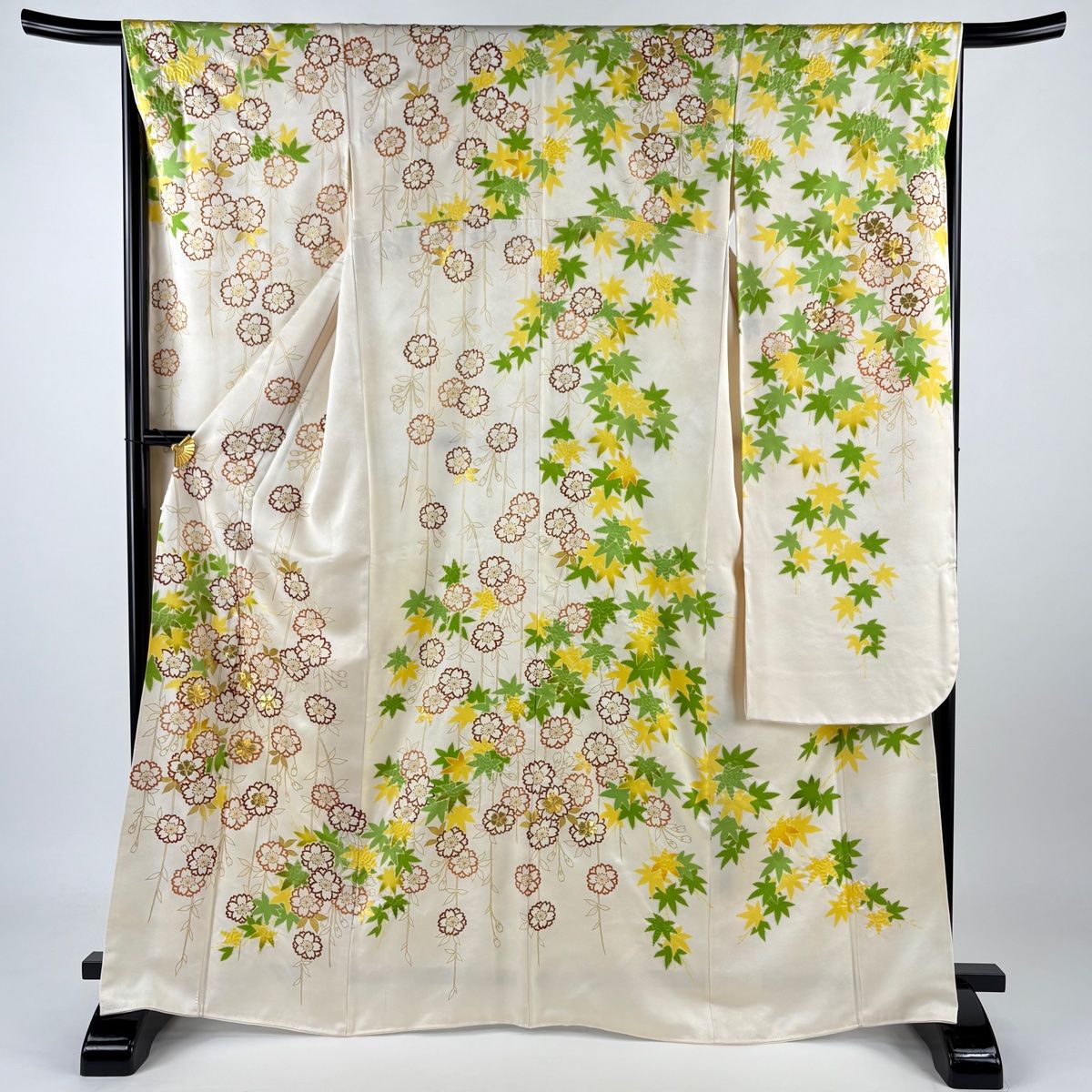 振袖 身丈167cm 裄丈66cm M 袷 枝垂れ桜 楓 絞り 金彩 クリーム 正絹 美品 名品 【】