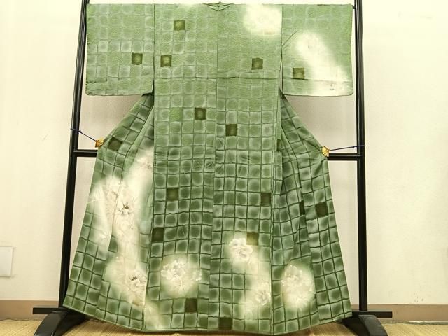 平和屋着物□訪問着 手描き 刺繍 牡丹 暈し染め 金糸 正絹 逸品