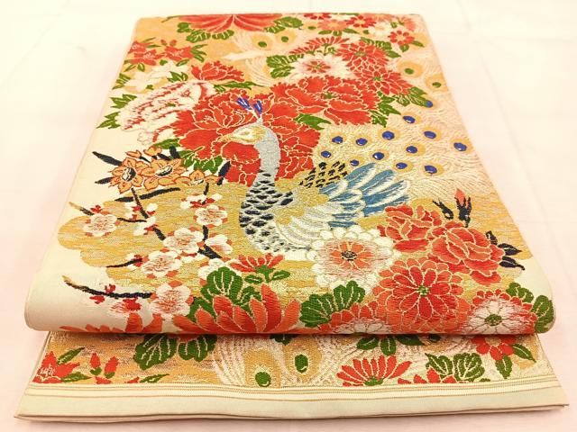 小花　唐花模様　錦糸　袋帯　着物　105a p 未着用 唐織 格子 花模様 金糸 袋帯 振袖帯 着物 035a p