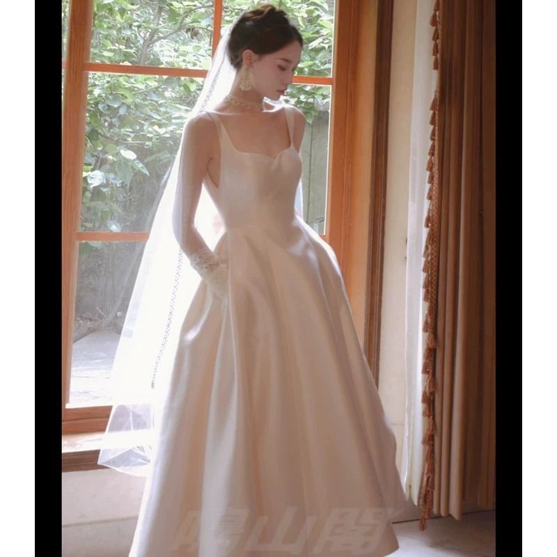 送料無料 ホワイト サテンドレス キャミソール Aライン ロング丈 軽やか 花嫁 結婚式 フォト撮影 登記 小柄さん向け 韓国風 XS～3XLWP今だけ 109