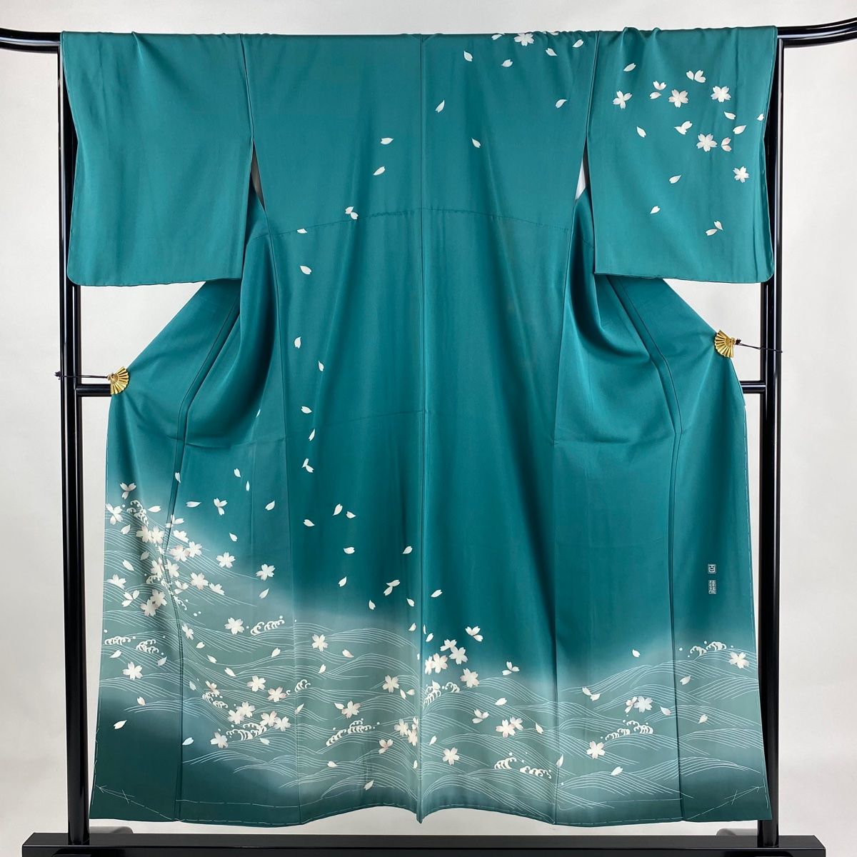 訪問着 身丈152.5cm 裄丈66.5cm M 袷 百貫達雄 落款 桜 波 染め分け ぼかし 緑 正絹 名品