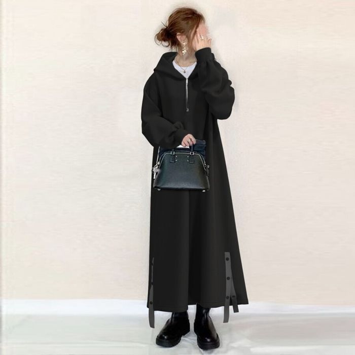 ワンピース レディース 長袖 ロングワンピース ロング丈 フード付き ファスナー 無地 カジュアル ゆったり 体型カバーYRDA6555