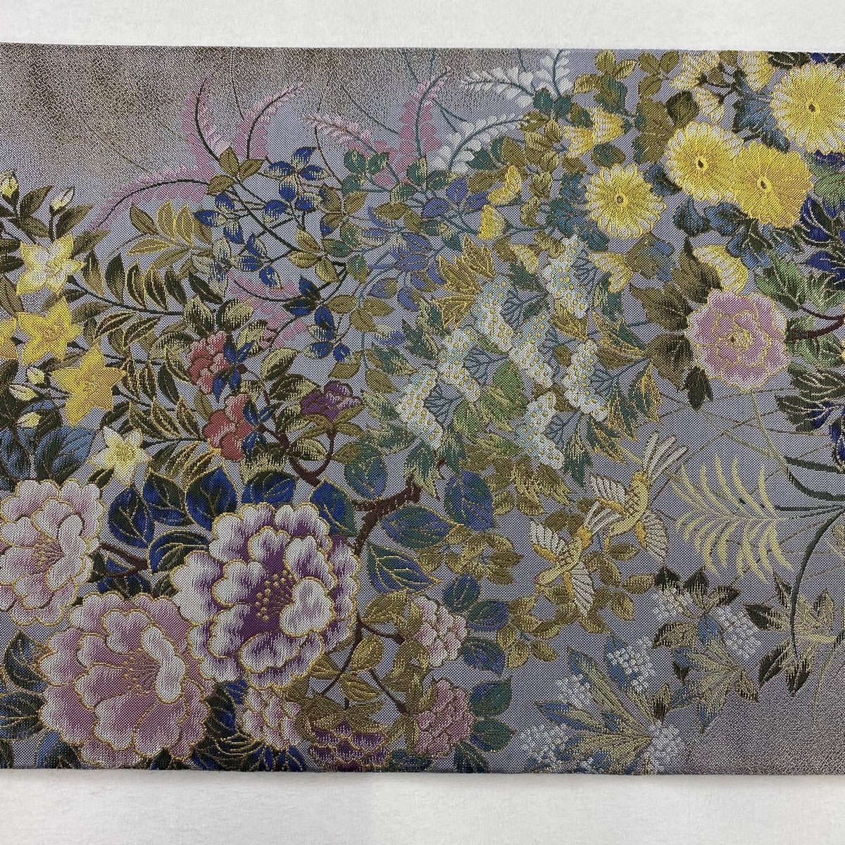 H-626 袋帯 正絹 六通 銀糸 箔 牡丹 厚め シルバー ホワイト H-626 袋帯 正絹 六通 銀糸 箔 牡丹 厚め シルバー ホワイト