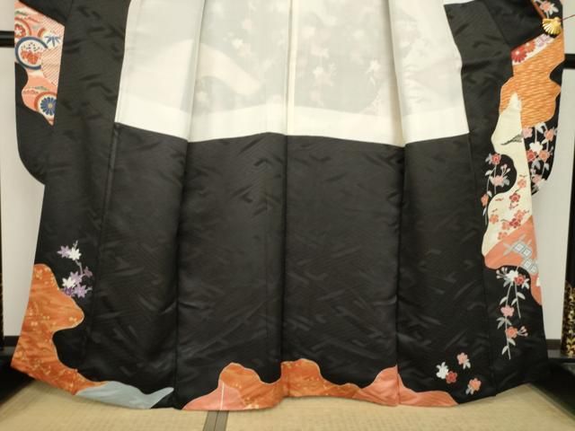平和屋着物▽豪華振袖 駒刺繍 鳳凰花文 黒地 金彩 正絹 逸品