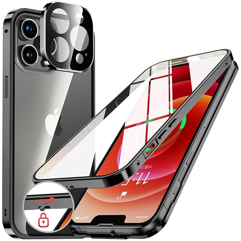 NIANGUO【ロック機能付き・自動ポップアップボタン】 iPhone12 Pro Max 用 ケース クリア 【両面強化ガラス】 9H硬度 【一体型レンズ保護】 アイフォン12プロマックス カバー アルミバンパーケース