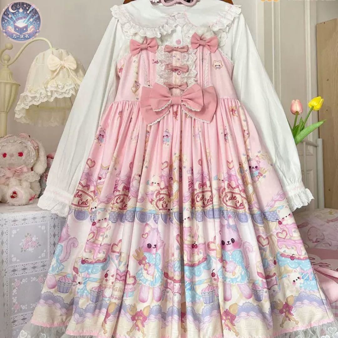 ♥ 甘ロリワンピース♪ピンク Mサイズ ネコちゃん柄お出かけや女子会にも最適