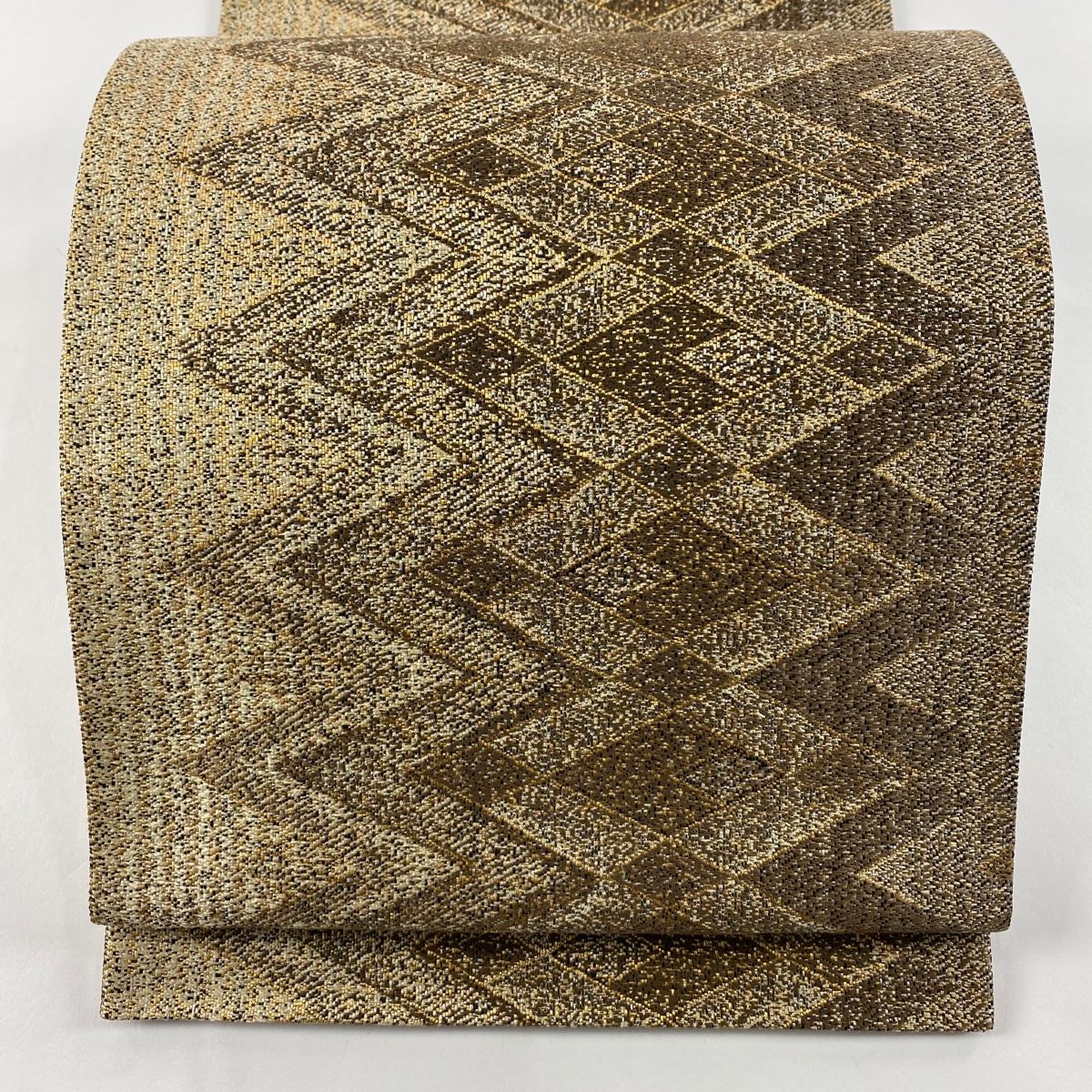 袋帯 秀品 落款 伝統工芸士 寺田寛志 全通泥染 幾何学 菱 金糸 灰茶 全通 正絹