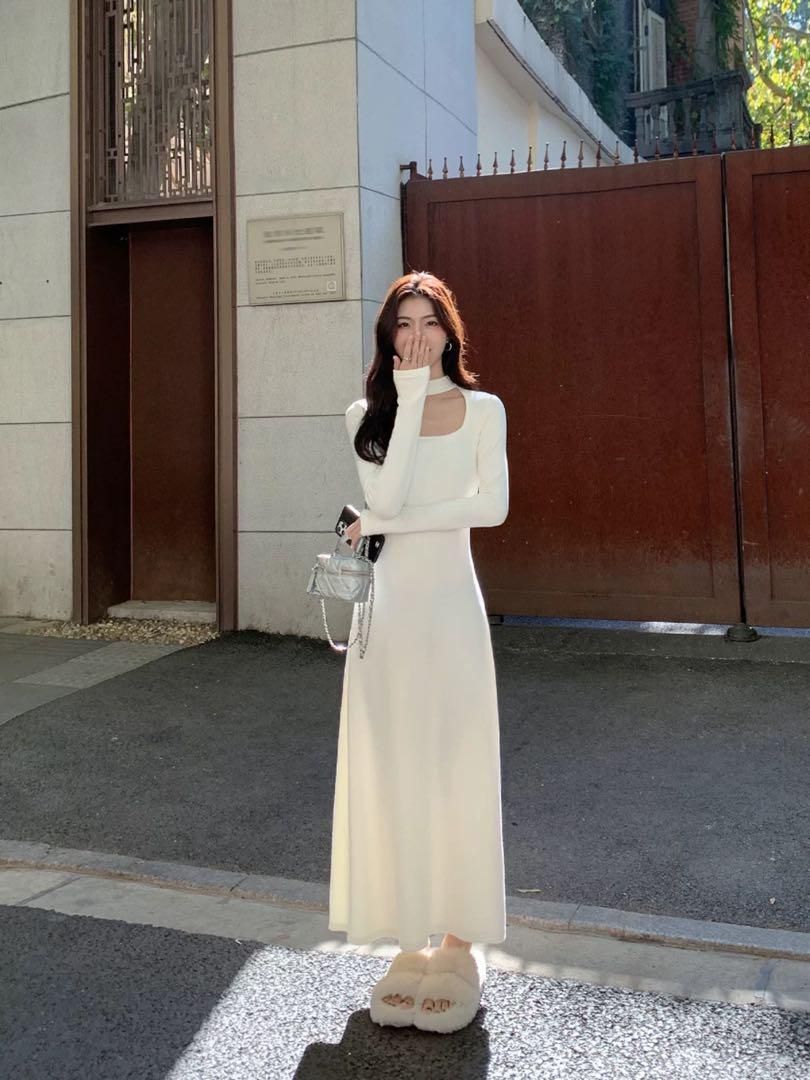 春の上品セクシー タイトニットロングワンピ 女子会デートに最適