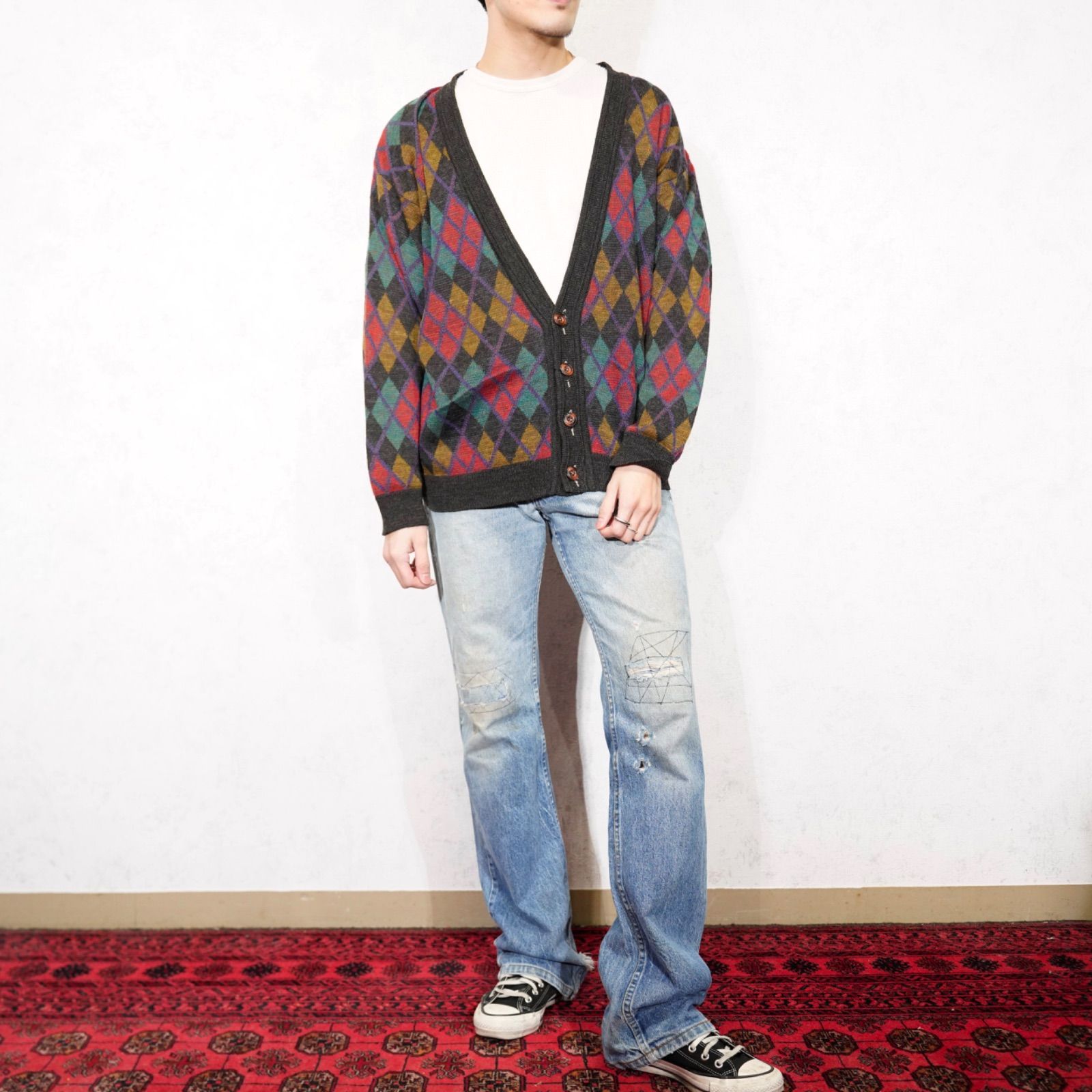 EU VINTAGE FRANK ALEXS DIAMOND PATTERNED DESIGN KNIT CARDIGAN|ヨーロッパ古着ダイアモンド柄デザインニットカーディガン