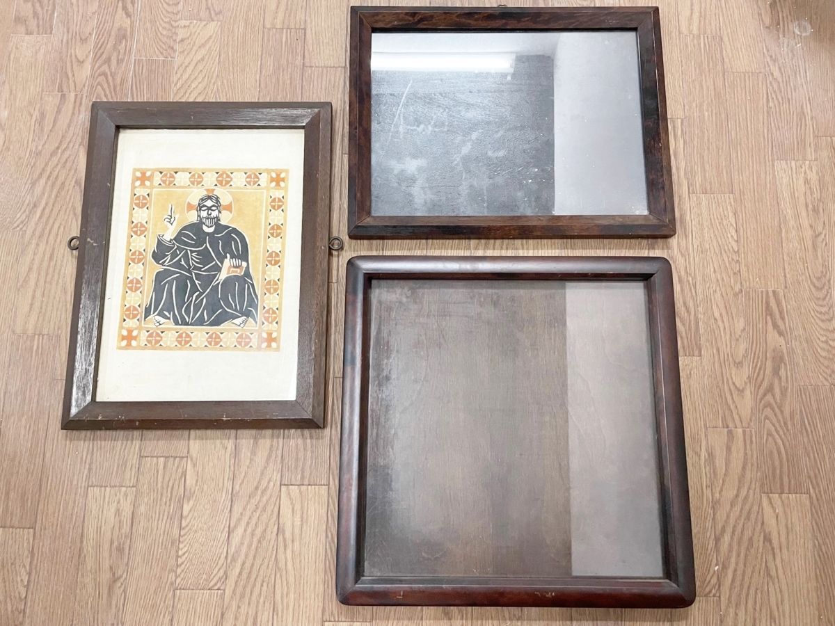 表彰状 絵画 写真 枠 額縁 木製 民芸家具 アンティーク 写真立て 工芸品 無垢 天然木 3個まとめ 他079