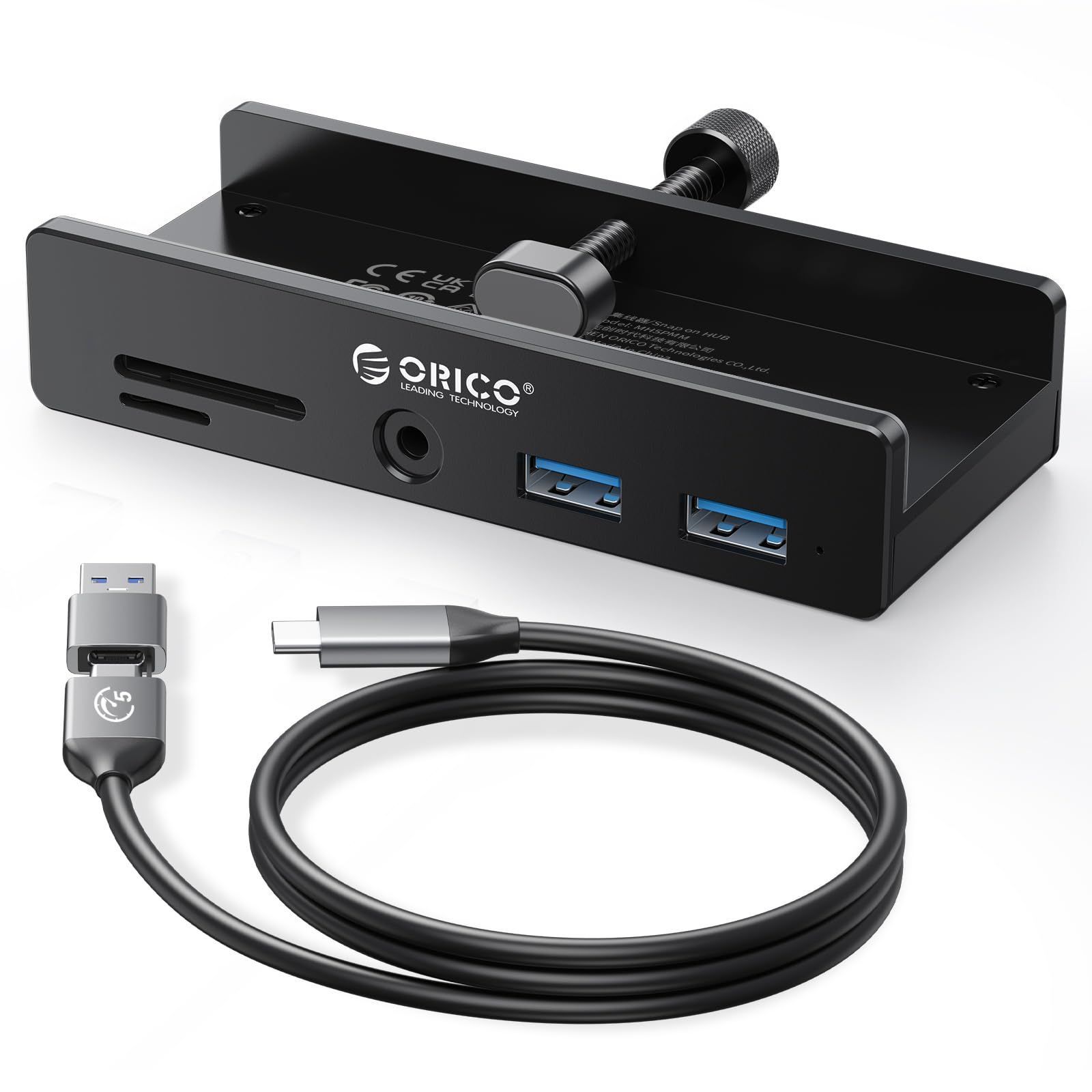 【本物保証，高品質】 【特価商品】ORICO USB-Cハブ クランプ式 5ポート（TF/SDカードリーダー、USB-A×2、3.5mmオーディオ） 5Gbps高速転送 USB-C 給電ポート付き（5V） バスパワー/セルフパワー対応 1mケーブル付 アルミ pc USBハブ