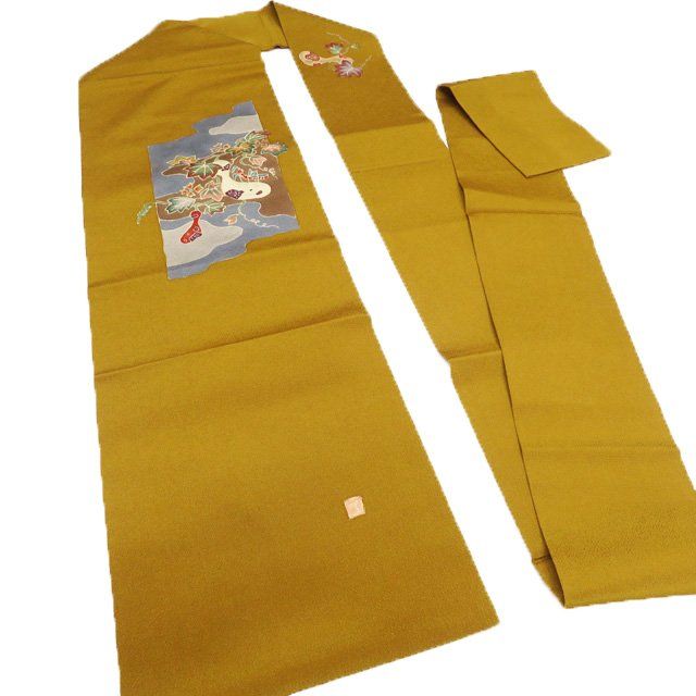 名古屋帯 なごや帯 リサイクル 正絹 縮緬地 カジュアル 作家物 落款 瓢箪の図 ひょうたん 黄唐茶色 多色 きもの北條 A1285-12