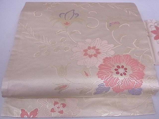 平和屋-こころ店■九寸名古屋帯 吉祥花唐草文 正絹 逸品 A-br5745