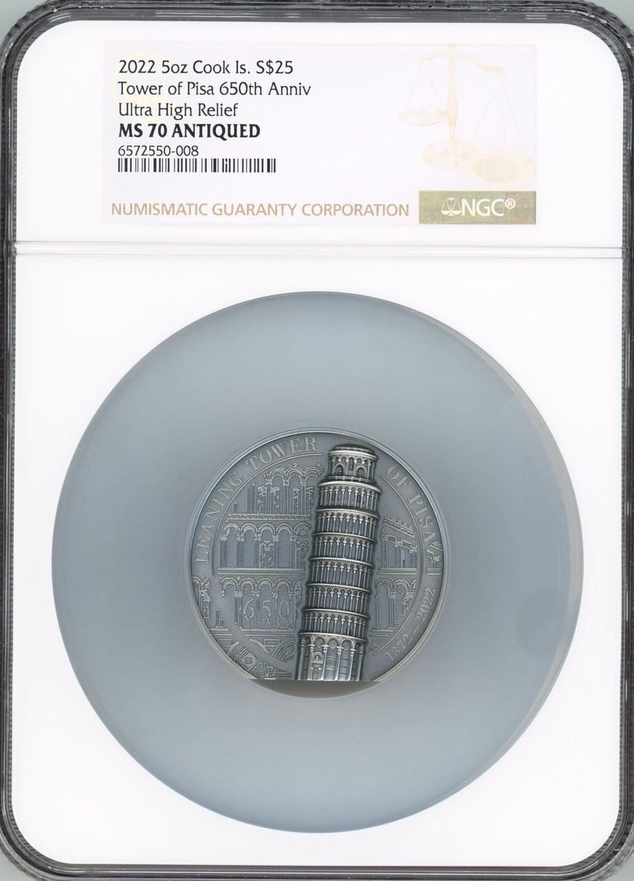 2025 Cook Islands 5 oz Silver Antique Leaning Tower of Pisa NGC MS 70