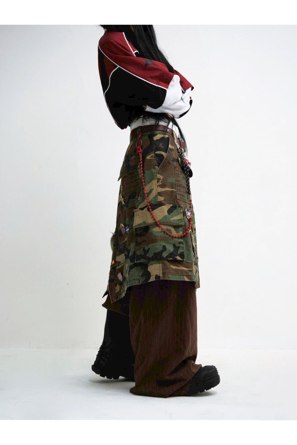 PEOPLESTYLE Fake Two-Piece Camo Patchwork Cargo Pants】個性際立つ 