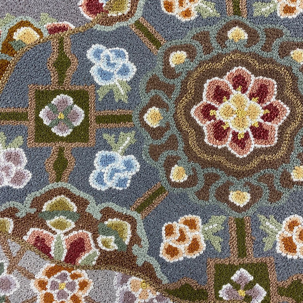 袋帯 華文 草花 相良刺繍 青灰色 六通 正絹