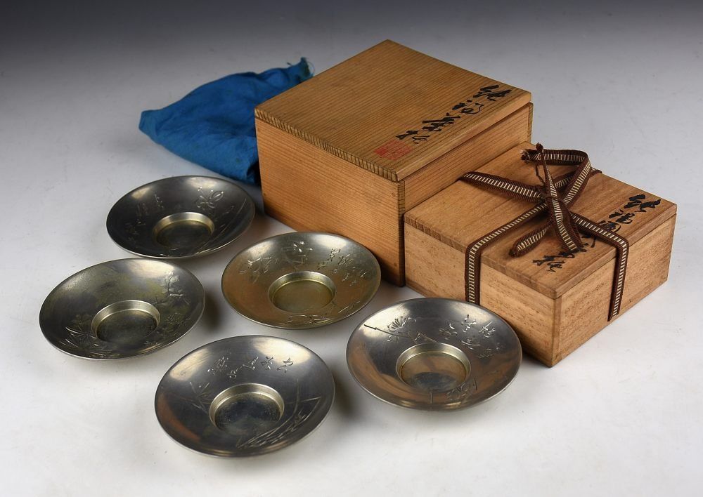蔵A2840 煎茶道具 秦蔵六 造 蔵六刻 錫製 茶托 五客 共箱 二重箱