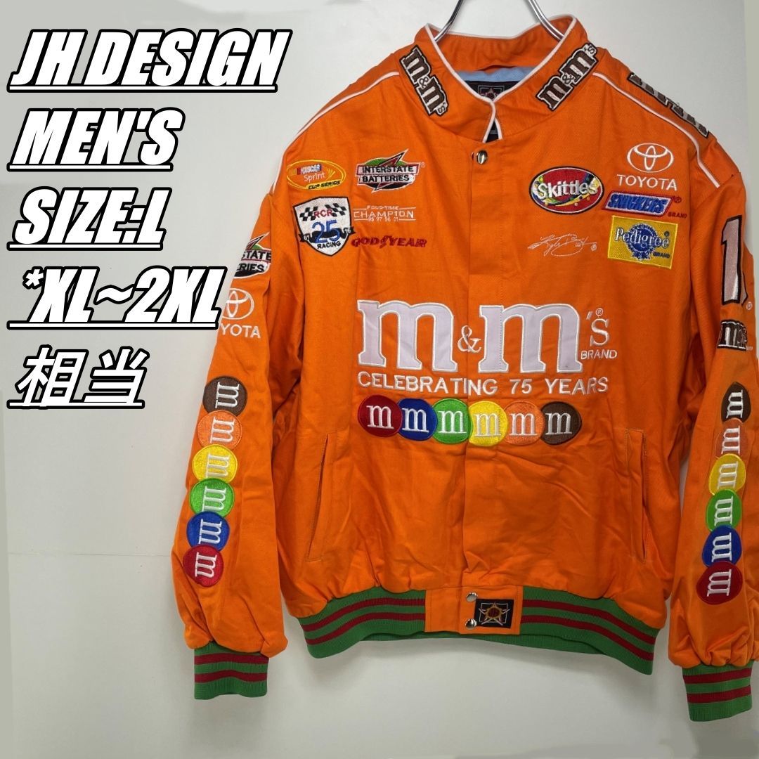 【US古着・男女オススメ・m&m's】JH DESIGN JEFF HAMILTON ジェイエイチデザイン ジェフハミルトン レーシングジャケット サイズ表記L メンズサイズXL~2XL相当 オレンジ 企業ロゴ刺???