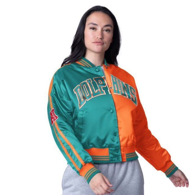 【送料無料】 スターター レディース ジャケット・ブルゾン アウター Women's Starter Aqua/Orange Miami Dolphins Zone Blitz Cropped Full-Snap Satin Jacket Dol Turq A