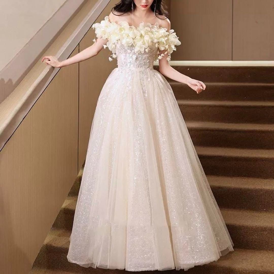 お花のデザインが可愛い ゴージャスなオフショル ロングドレス お花の