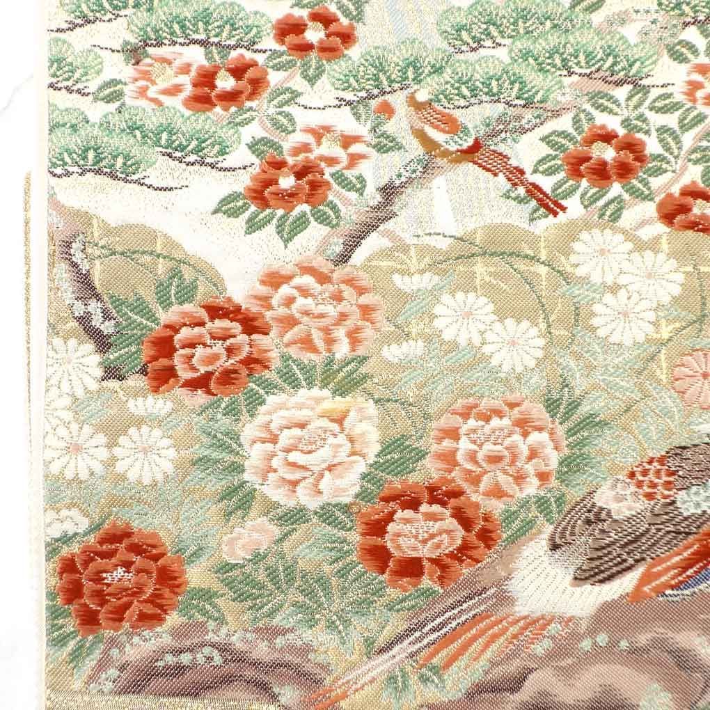 袋帯 幅30.5cm 長さ430cm レディース 四季の花柄 秋冬春用 正絹 シルク ゴールド やや難 リメイク リユース リサイクル 呉服のきくや