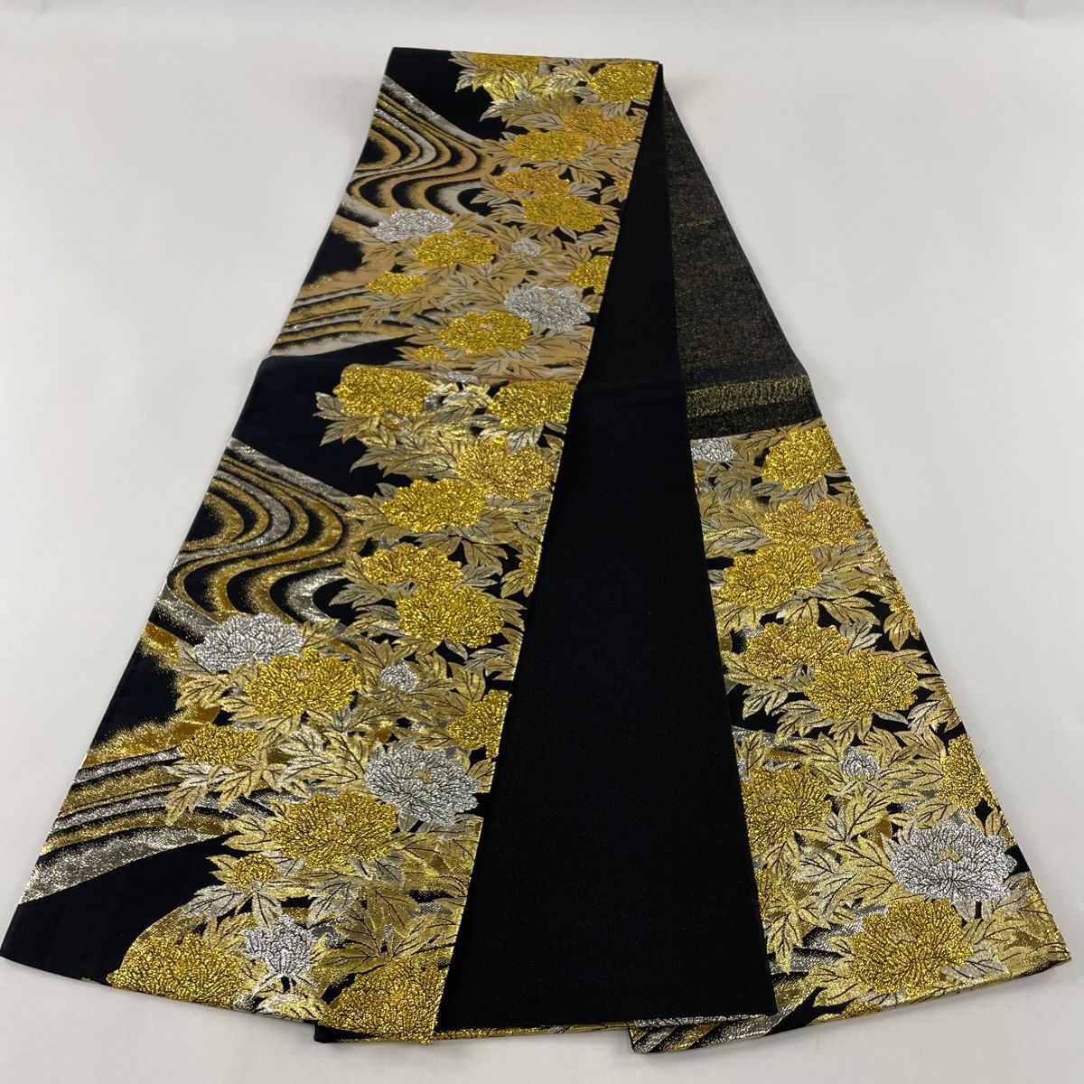 開き名古屋帯 美品 秀品 斜縞 編め 疋田 黒 正絹 【中古】