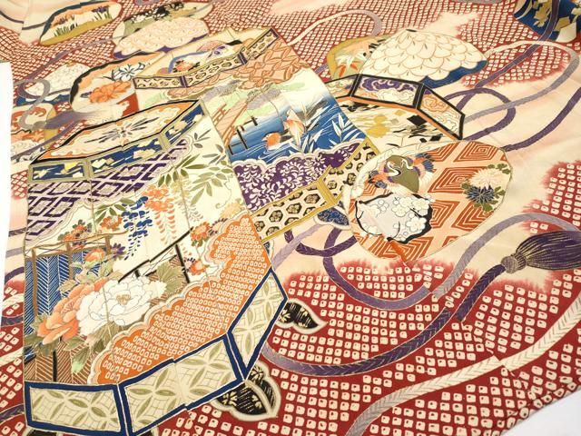 平和屋本店□極上 アンティーク 大正ロマン 振袖 手描き 相良刺繍 駒