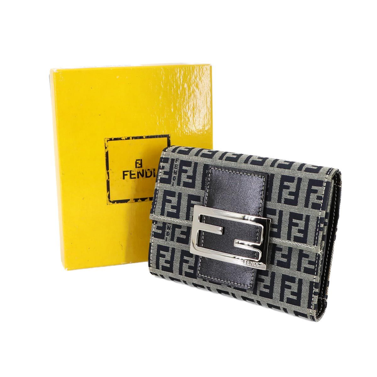フェンディ FENDI ズッキーノ 三つ折り 財布 キャンバス レザー グレー ブラック 31089 シルバー 金具 90295366