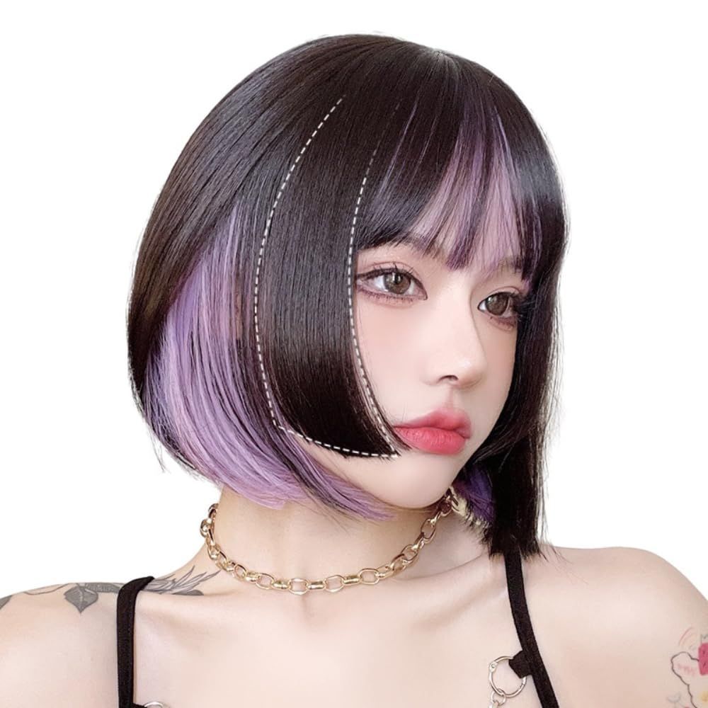 HAIRウィッグ ボブ 黒髪 インナー紫 姫カット AISI ショートストレート レディース フルウィッグ ファッション 小顔 日常 耐熱 原宿  コスプレ 女装 かつら 黒茶髪&紫