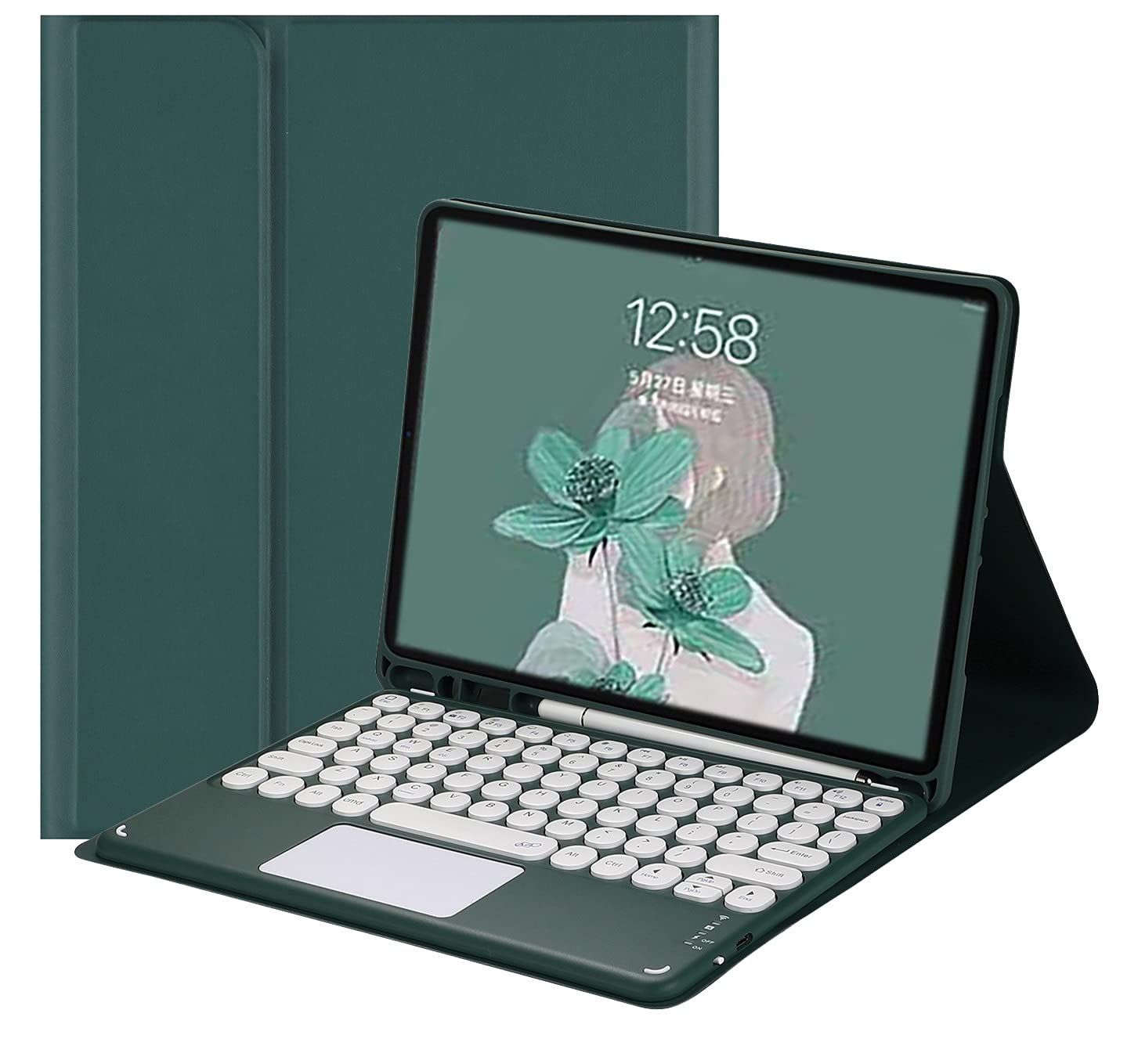iPad9/iPad8/iPad7_深緑 可愛い iPad 第9世代 第8世代 第7世代 キーボード ケース タッチパッド付き 丸型キー iPad 10.2 インチ アイパッド 9 8 7 分離式 Bluetoothキーボード付き カバー マウス機能 カラー