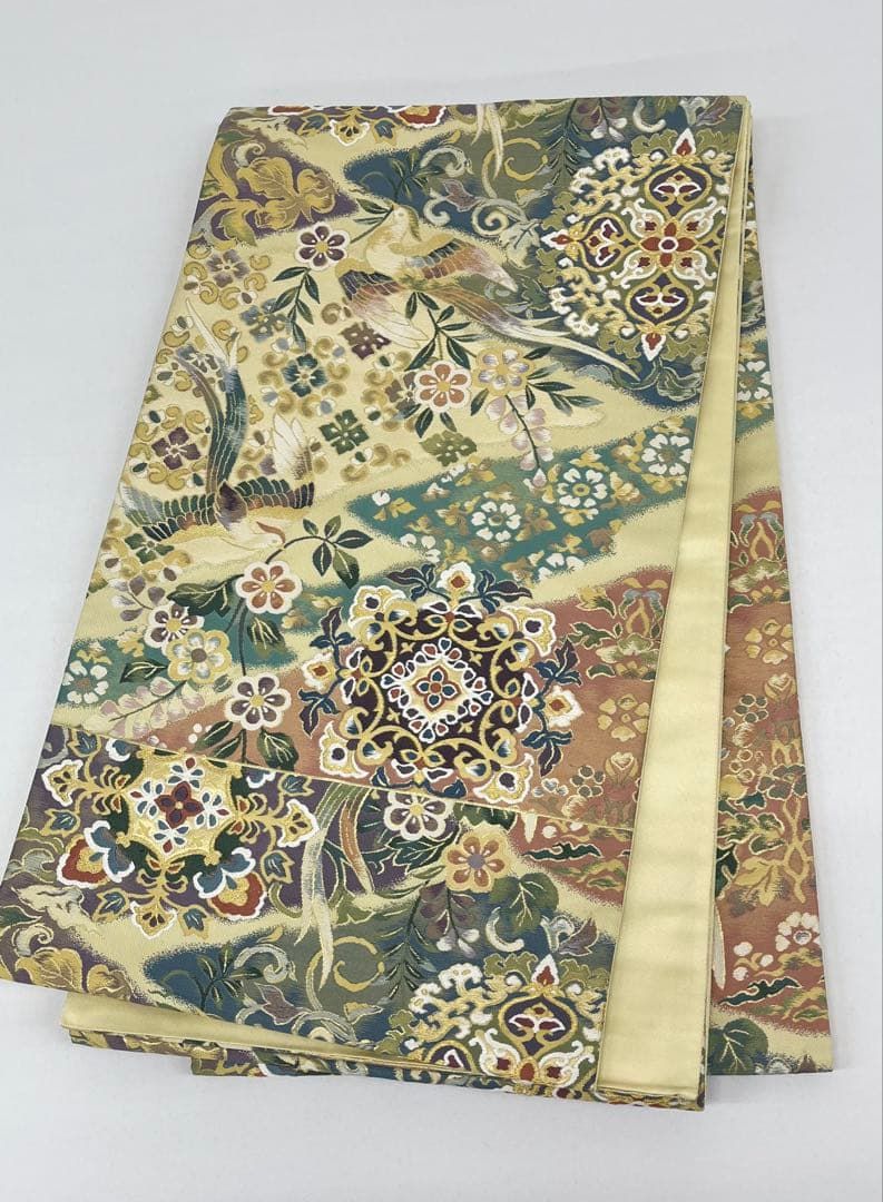西陣織 袋帯 華紋 鳳凰 鳥 正倉院文様 金糸 正絹 六通 Q954
