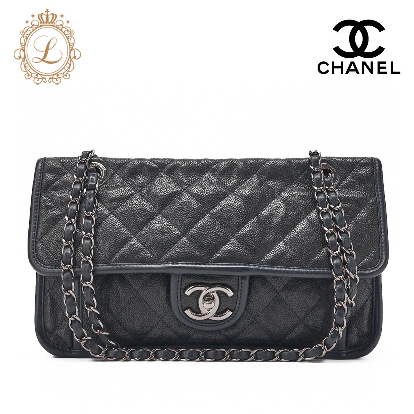CHANEL シャネル チェーンショルダーバッグ マトラッセ シングルフラップ ターンロック キャビアスキン ネイビー シルバー金具 レディース 送料無料