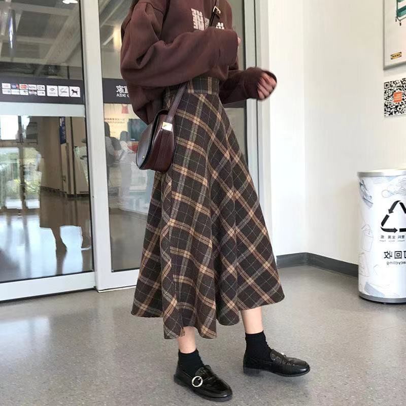 春秋 レディース チェック柄 ロングスカート ミモレ丈 Aライン 大きいサイズ 体型カバー ハイウエスト レトロ
