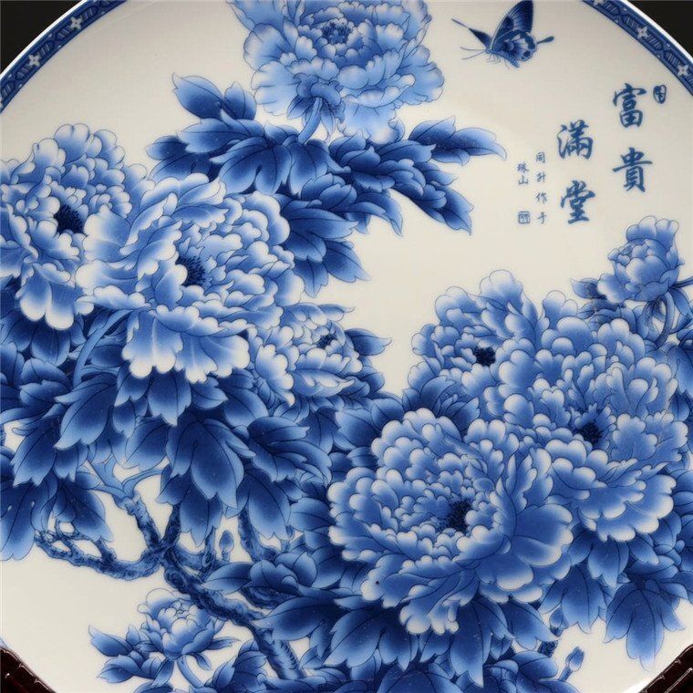 景徳鎮 磁器 牡丹 藍釉 青花 陶磁器 観賞皿 置物 中国美術品