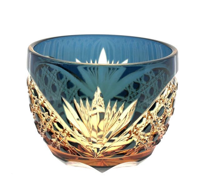 江戸切子アンバークリスタルぐい呑み 藍 伝統工芸 酒器 酒グラス 1051