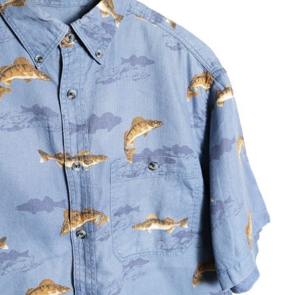 90's 00's カベラス Cabela's フィッシュプリント ボタンダウン コットン シャツ (L) 青灰系 魚柄 00年代 旧タグ オールド アウトドア Y2K 90´s 00´s カベラス Cabela´s フィッシュプリント ボタンダウン