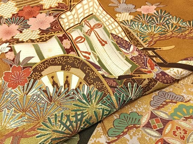 はなくま✾m499＊金駒刺繍 御所車 花車 扇子 牡丹 着物 振袖単品 はなくま✾m499＊金駒刺繍 御所車 花車 扇子 牡丹 着物 振袖単品