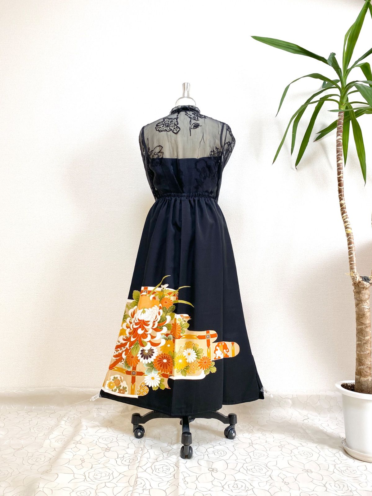 大人 セレブ着物スカートフリーサイズ1点物黒留袖着物リメイクウエストゴムロングスカートフリーサイズ