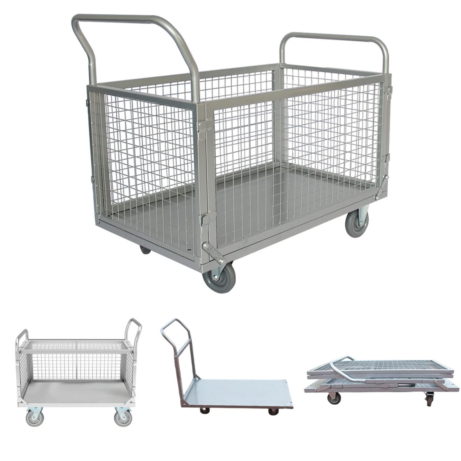 新着商品 100X60X95CM ゴミ出し 会社 店舗 工場 倉庫 耐荷重300kg 静音 メッシュかご付き 3つスタイル ブレーキ付き 手押し台車 運搬車 カゴ台車 Jiza