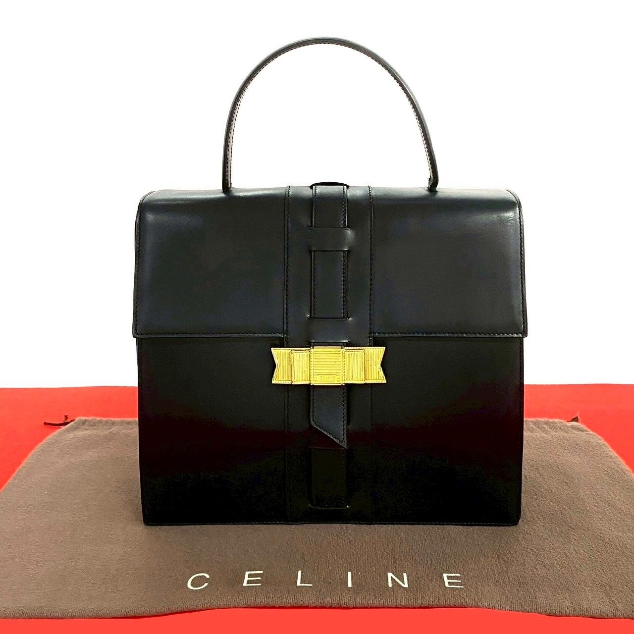 品 CELINE セリーヌ ヴィンテージ ロゴ リボン モチーフ 金具 カーフ レザー 本革 ハンドバッグ トートバッグ ブラック 53074