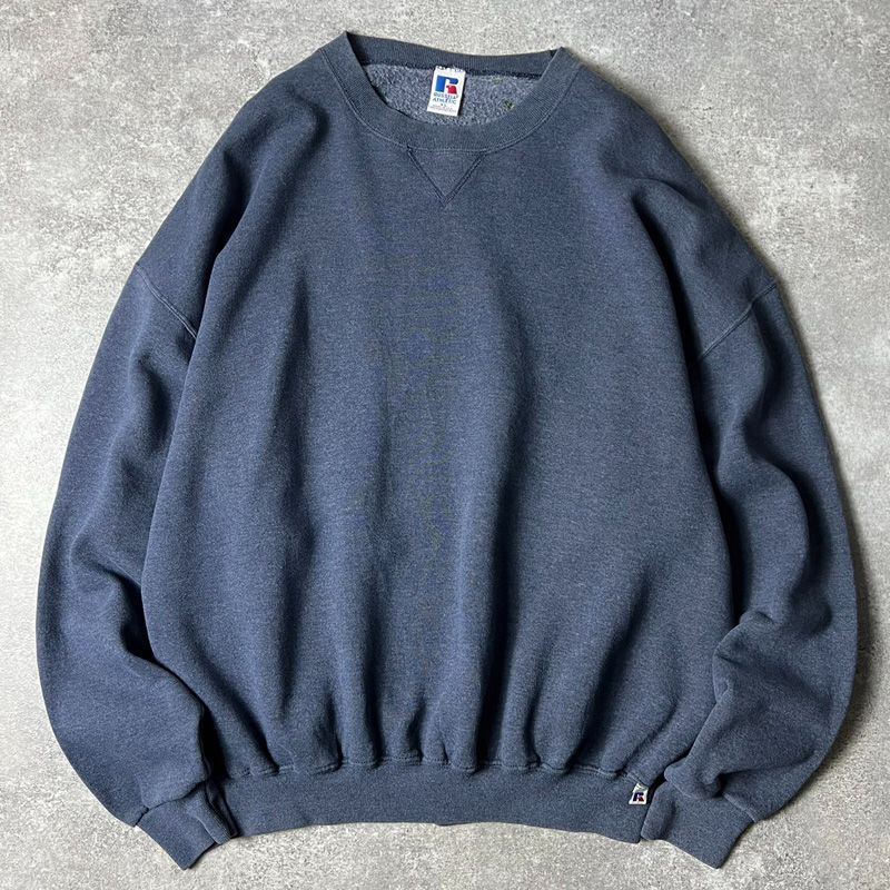 90's RUSSELL ATHLETIC 前V 無地スウェット ネイビー 表記(XL