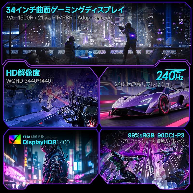 KOORUI 34インチゲーミングモニター 曲面ウルトラワイド 3440x1440p 240Hz MPRT 1ms応答速度 VA 1500R 99% sRGB 4000 1コントラスト比 高さ調整 HDMI2.1×2 DP1.4×1 Audio×1 21 9