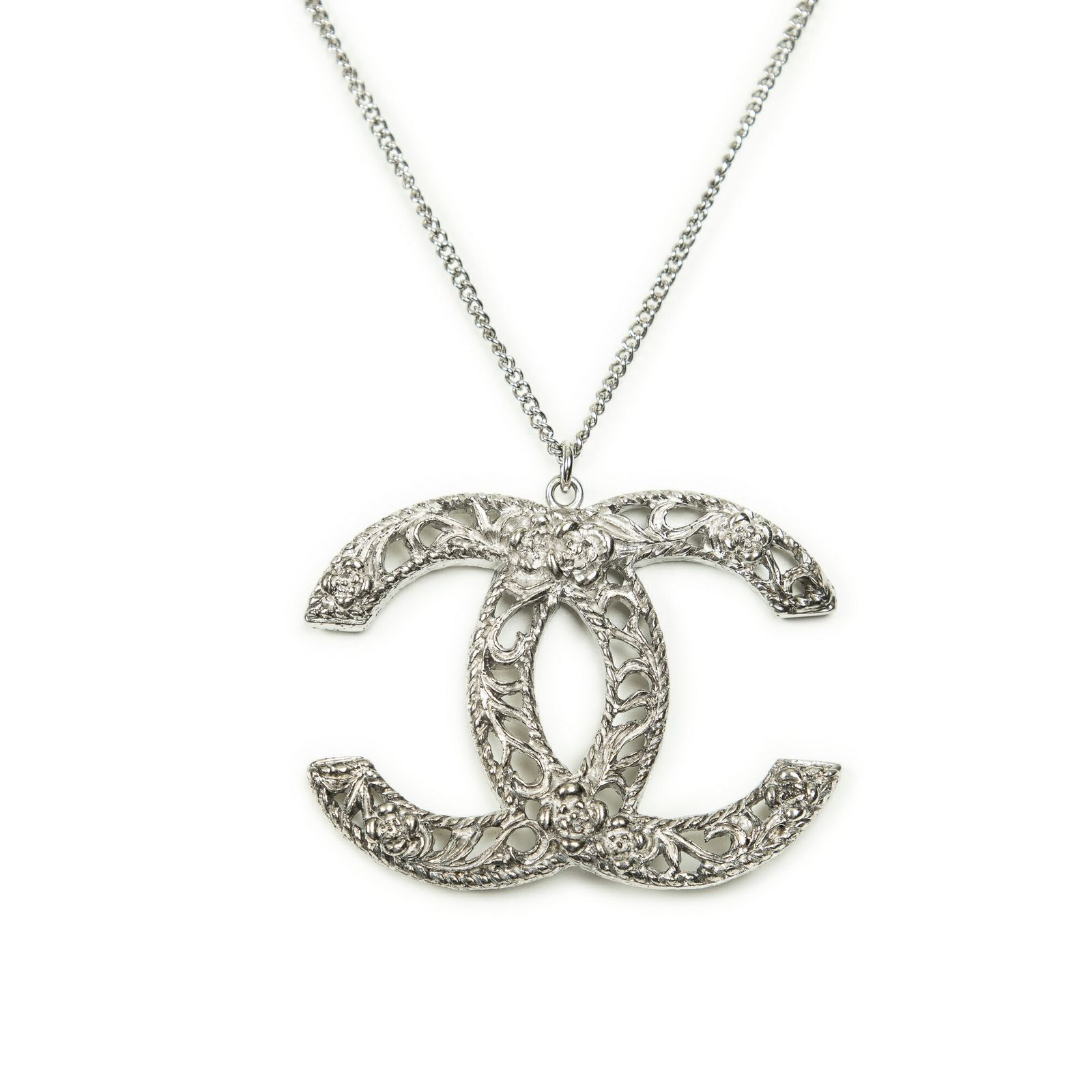 CHANEL シャネル大 CC カメリア ペンダント ネックレス銀シルバーメッキA