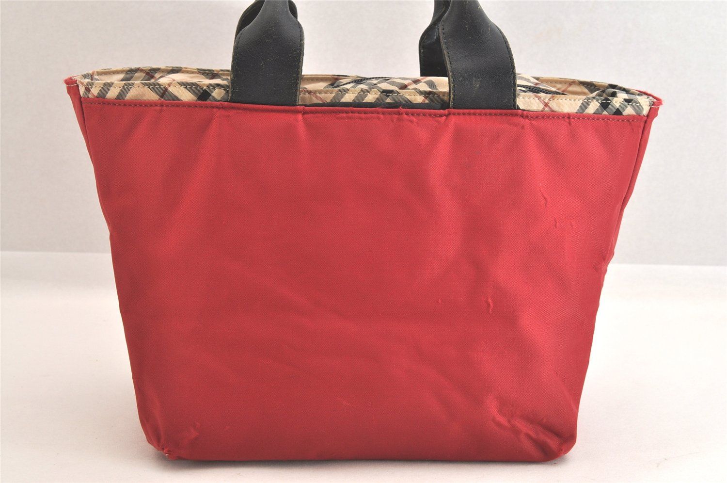 BURBERRY バーバリー ヴィンテージ チェック柄 ナイロン レザー ハンドトートバッグ 財布 レッド 2799N
