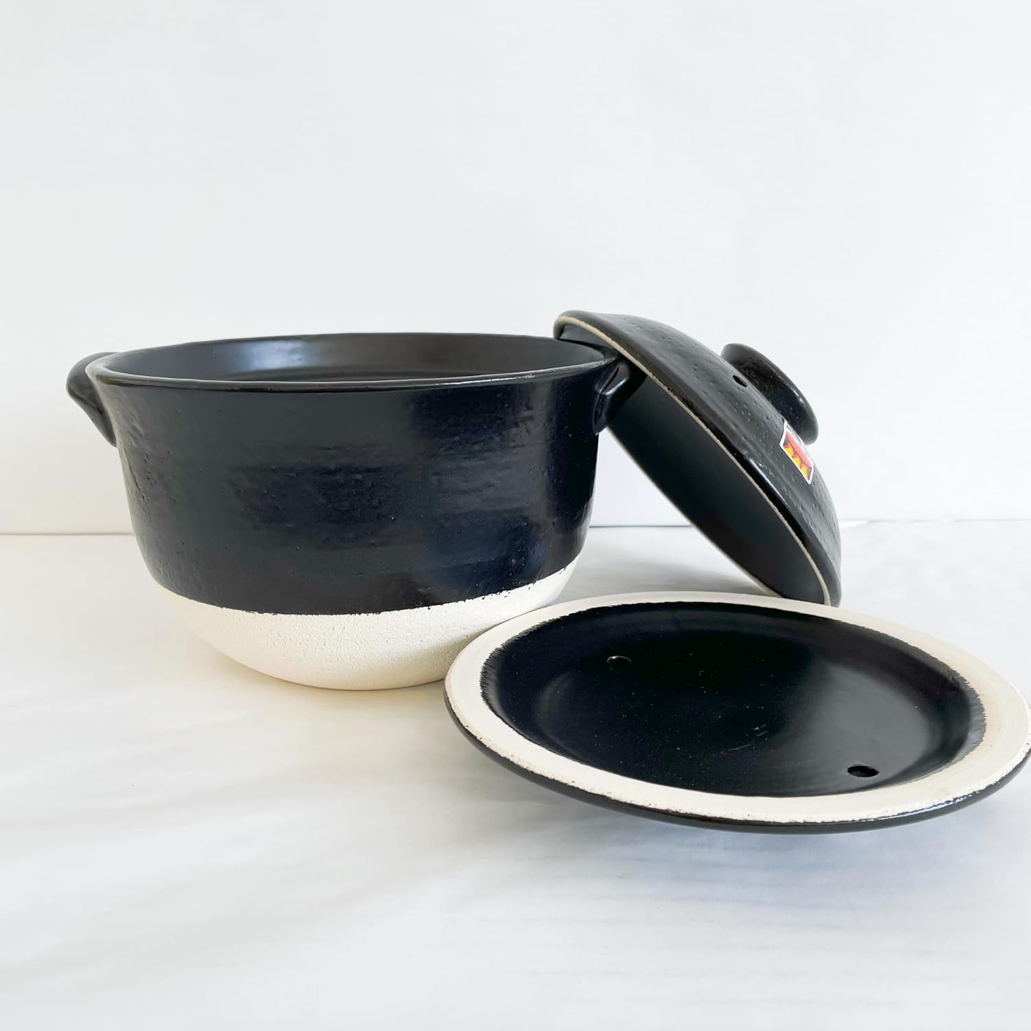 萬古焼ご飯鍋 4合炊き 黒釉線紋 直火専用 ご飯土釜 2重蓋 萬古焼 ご