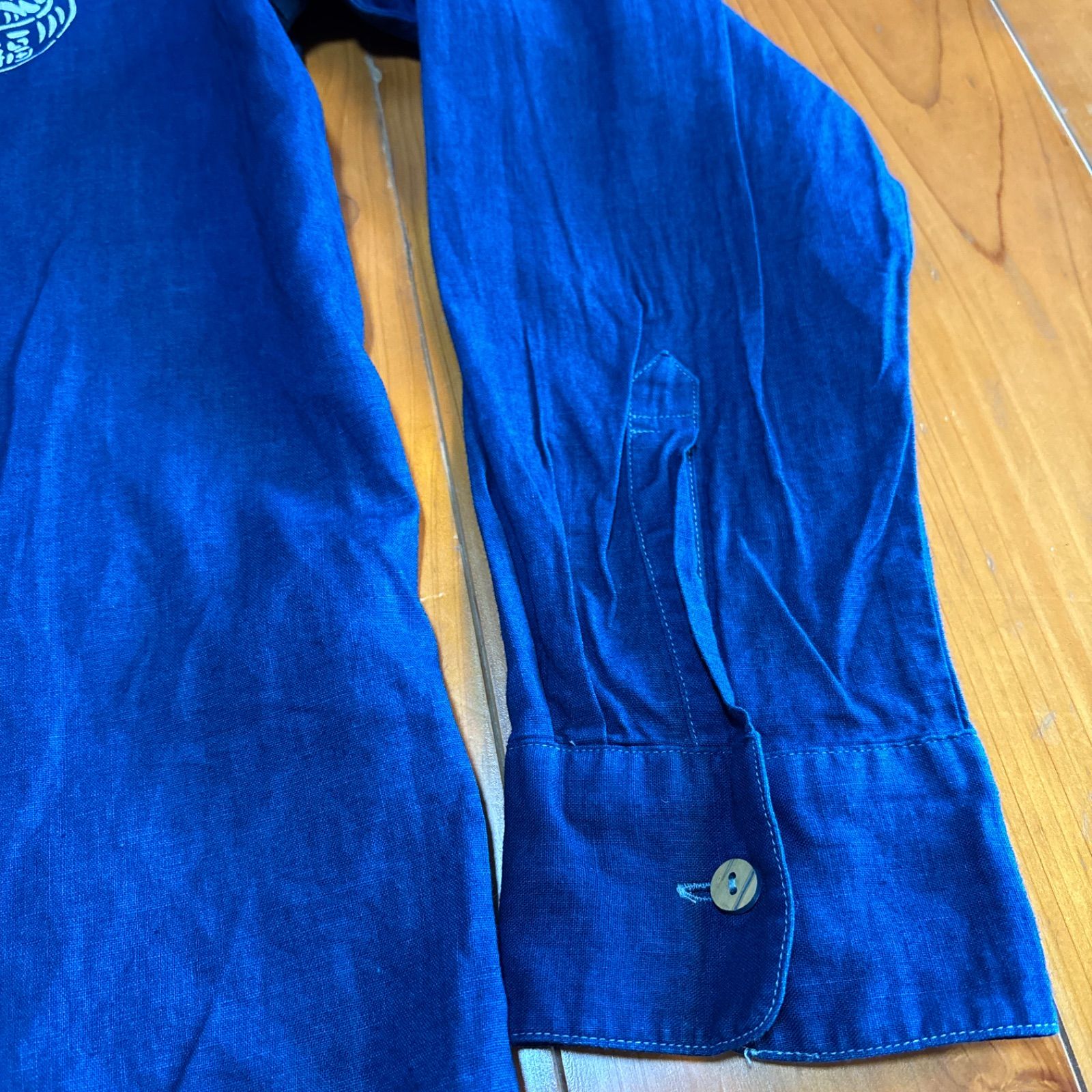 琉球藍染シンプル長袖シャツ メンズ Lサイズ 綿麻 ポケット付き