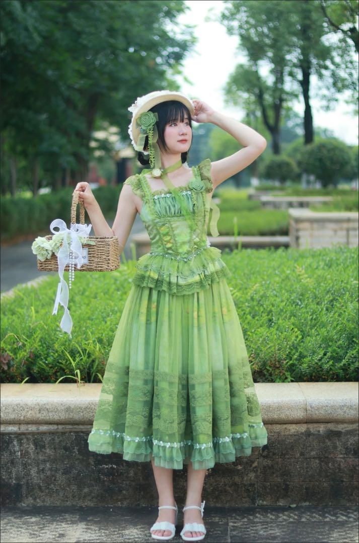 【韓嬢】3点セットゴスロリ・ロリータドレス 森ガール 姫 甘ロリJSK　グリーン 韓嬢】3点セットゴスロリ・ロリータドレス 森ガール 姫 甘ロリ