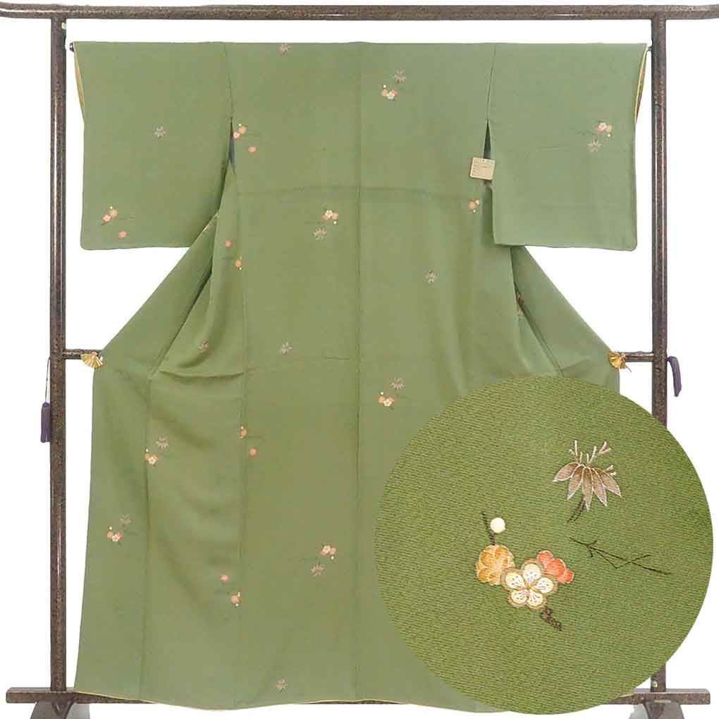 小紋 身丈161cm 裄66cm 前幅22.5cm 後幅29cm 袖丈50cm 袖幅34.5cm レディース 袷 花柄 裄長 裄M-Lサイズ 秋冬春用 正絹 シルク グリーン リメイク リユース リサイクル 呉服のきくや