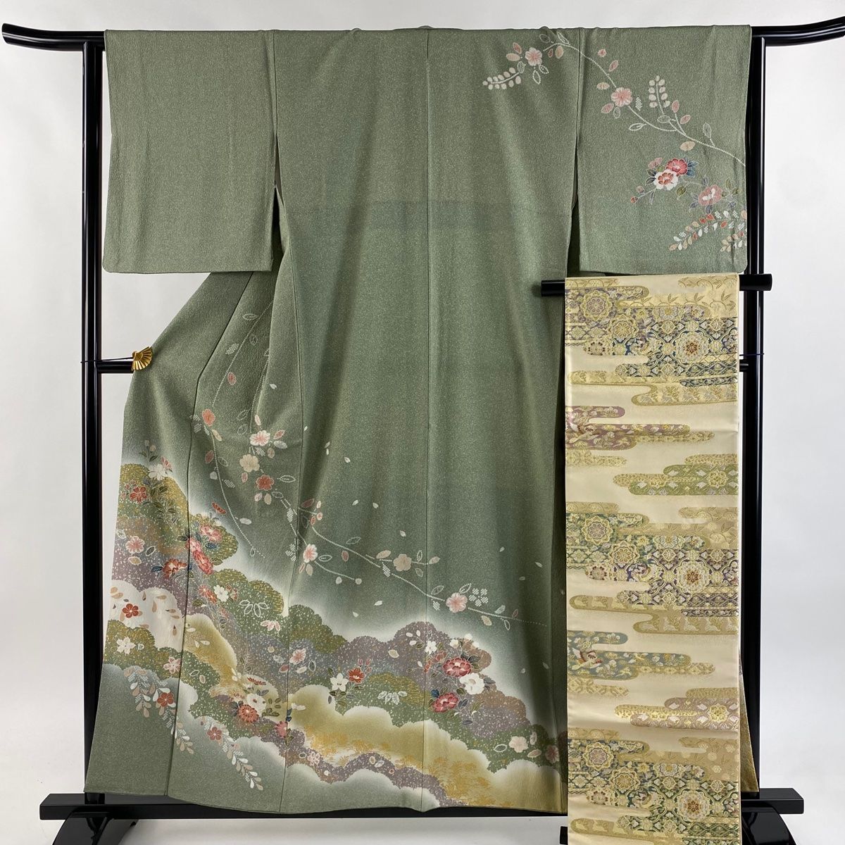 訪問着 身丈158cm 裄丈63.5cm S 袷 袋帯セット 草花 雲文 金彩 ぼかし 灰緑 正絹 秀品